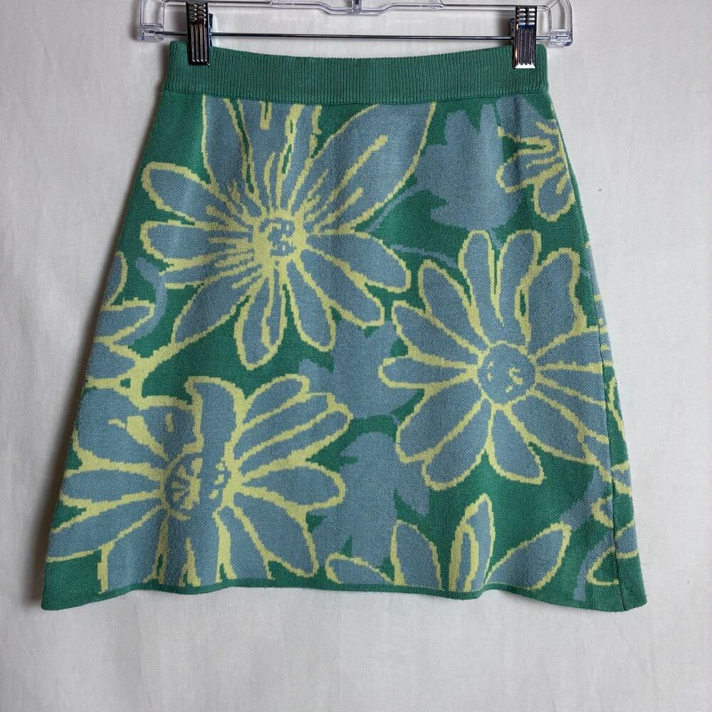 Mable Floral Knit Mini Skirt Green Yellow Daisy A-Line Stretch Size S
